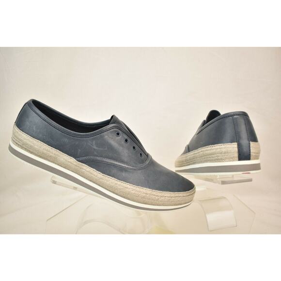 PRADA BALTIC BLUE DISTRESSED LEATHER PLATFORM LACELESS SNEAKERS 8.5 US 9.5 - Picture 6 of 12